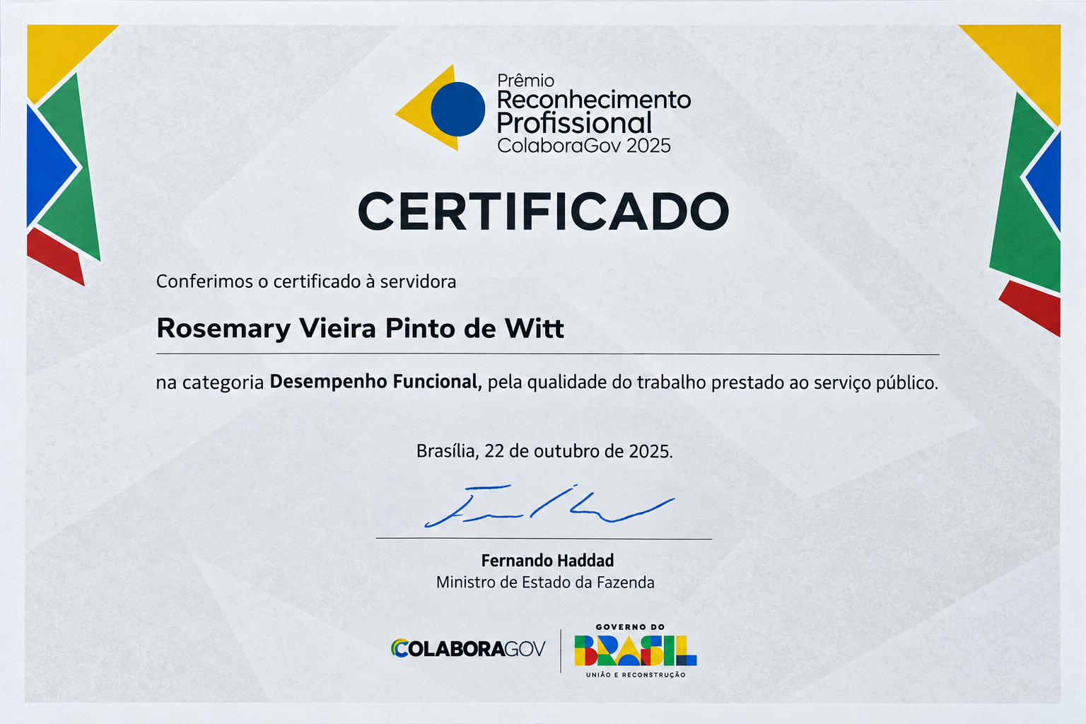 Certificado do Prêmio Reconhecimento Profissional ColaboraGov 2025 concedido a Rose Witt