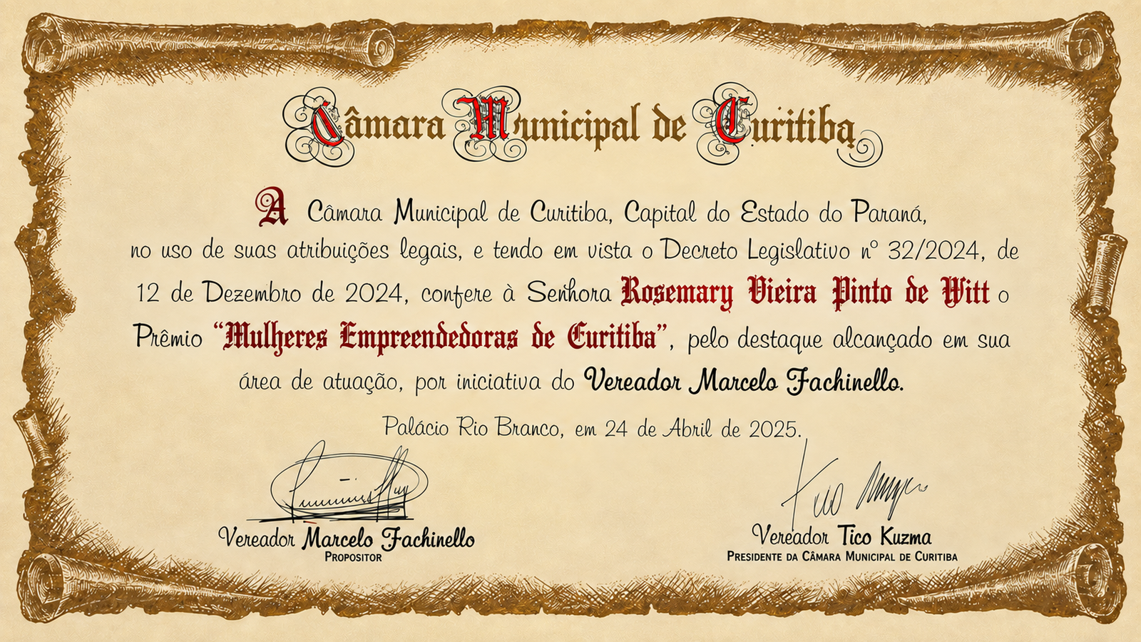 Diploma do Prêmio Mulheres Empreendedoras de Curitiba concedido a Rose Witt